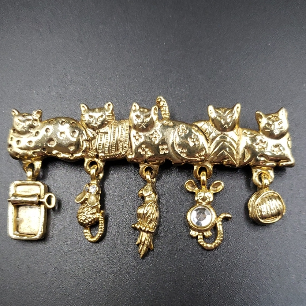 AJC Vintage Goldtone Cats with Dangling  Charms Bar Brooch